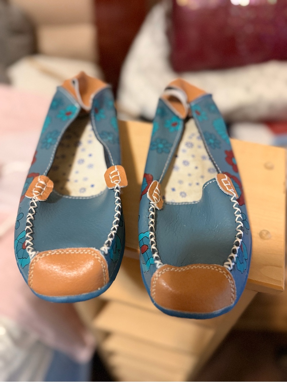 Kids Blue Floral Slip-On Shoes with Tan Accents